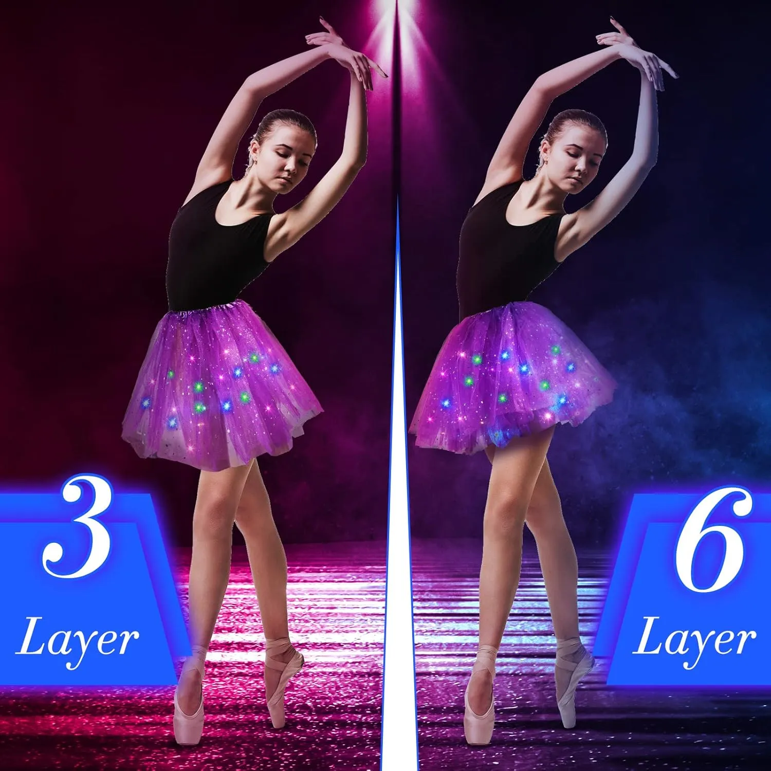 2 Pack LED Tutu Skirt Layered Tutus for Women Light up 80's Tulle Tutu Skirt Party Carnival Costume