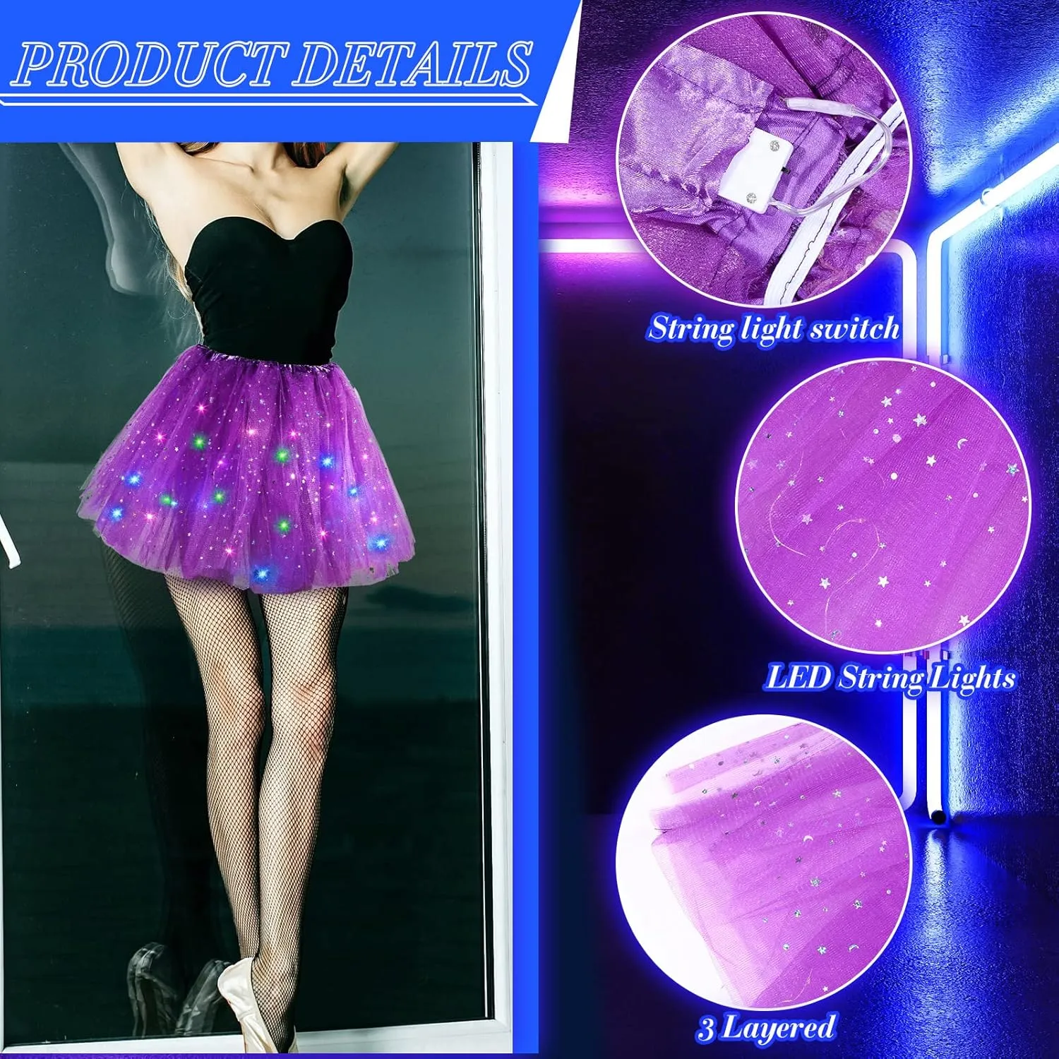 2 Pack LED Tutu Skirt Layered Tutus for Women Light up 80's Tulle Tutu Skirt Party Carnival Costume