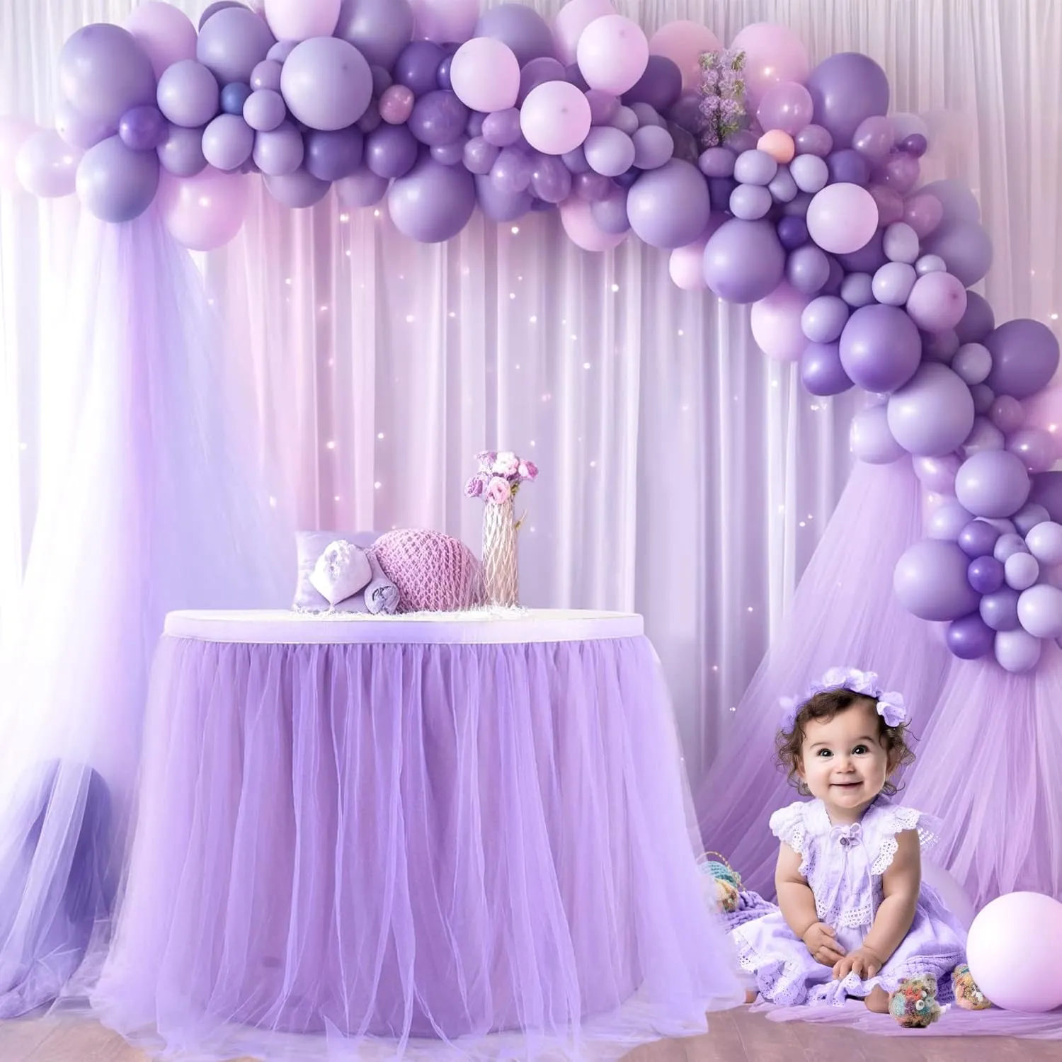 6ft Lavender Tulle Table Skirts for Rectangle Tables or Round Tables Lavender Ruffle Tutu Tablecloth for Girls Baby Shower Birthday Party Wedding Cake Dessert Table Decorations