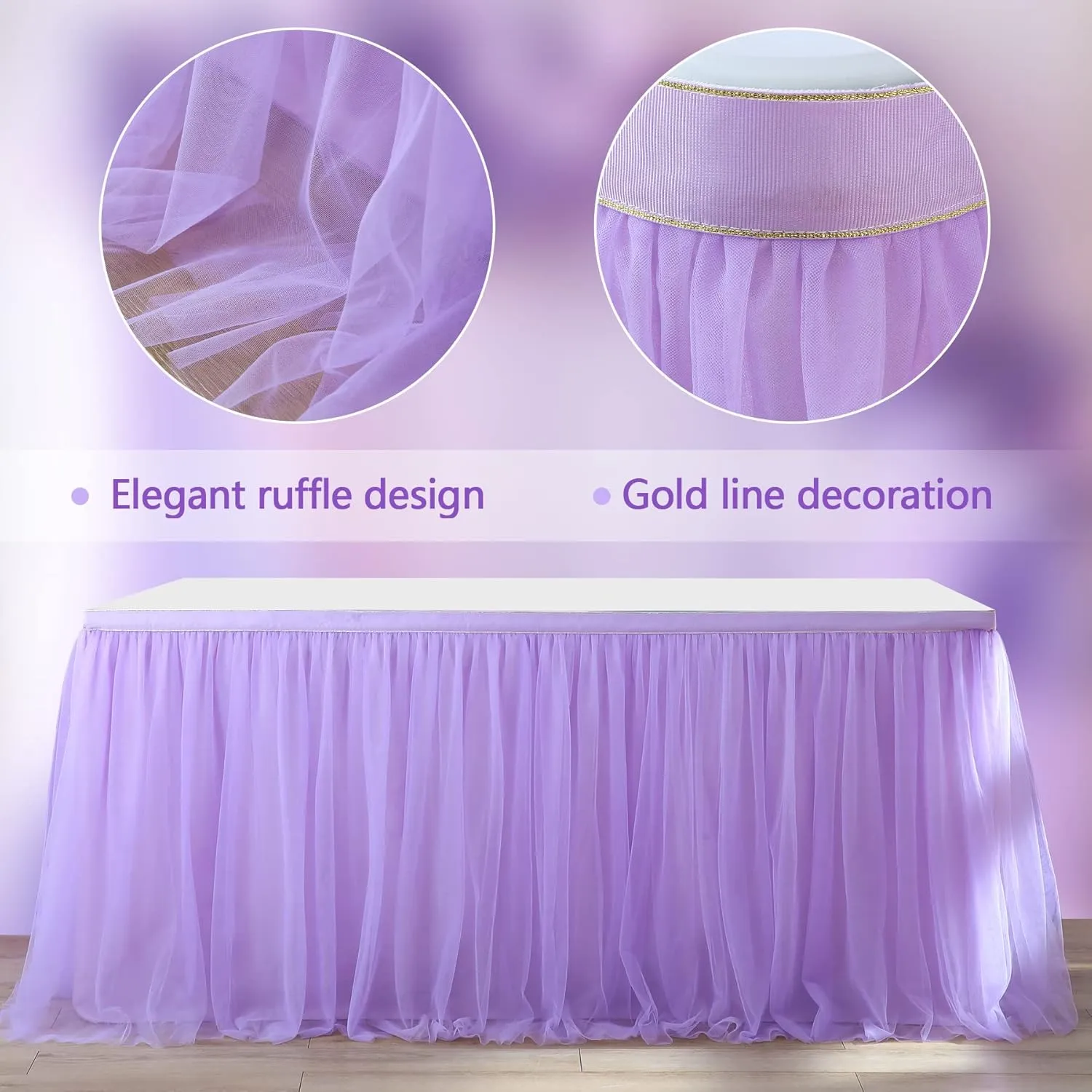 6ft Lavender Tulle Table Skirts for Rectangle Tables or Round Tables Lavender Ruffle Tutu Tablecloth for Girls Baby Shower Birthday Party Wedding Cake Dessert Table Decorations