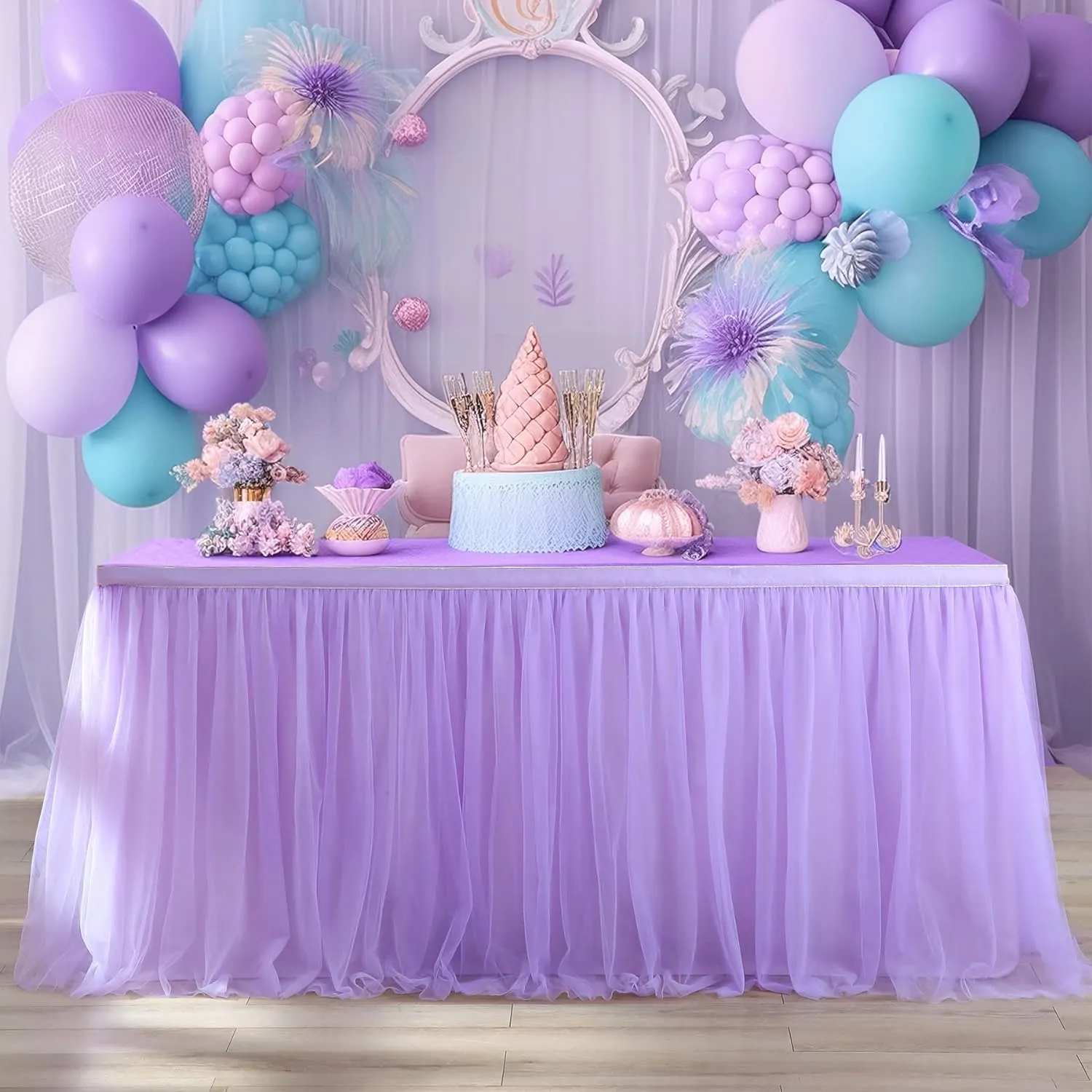 6ft Lavender Tulle Table Skirts for Rectangle Tables or Round Tables Lavender Ruffle Tutu Tablecloth for Girls Baby Shower Birthday Party Wedding Cake Dessert Table Decorations