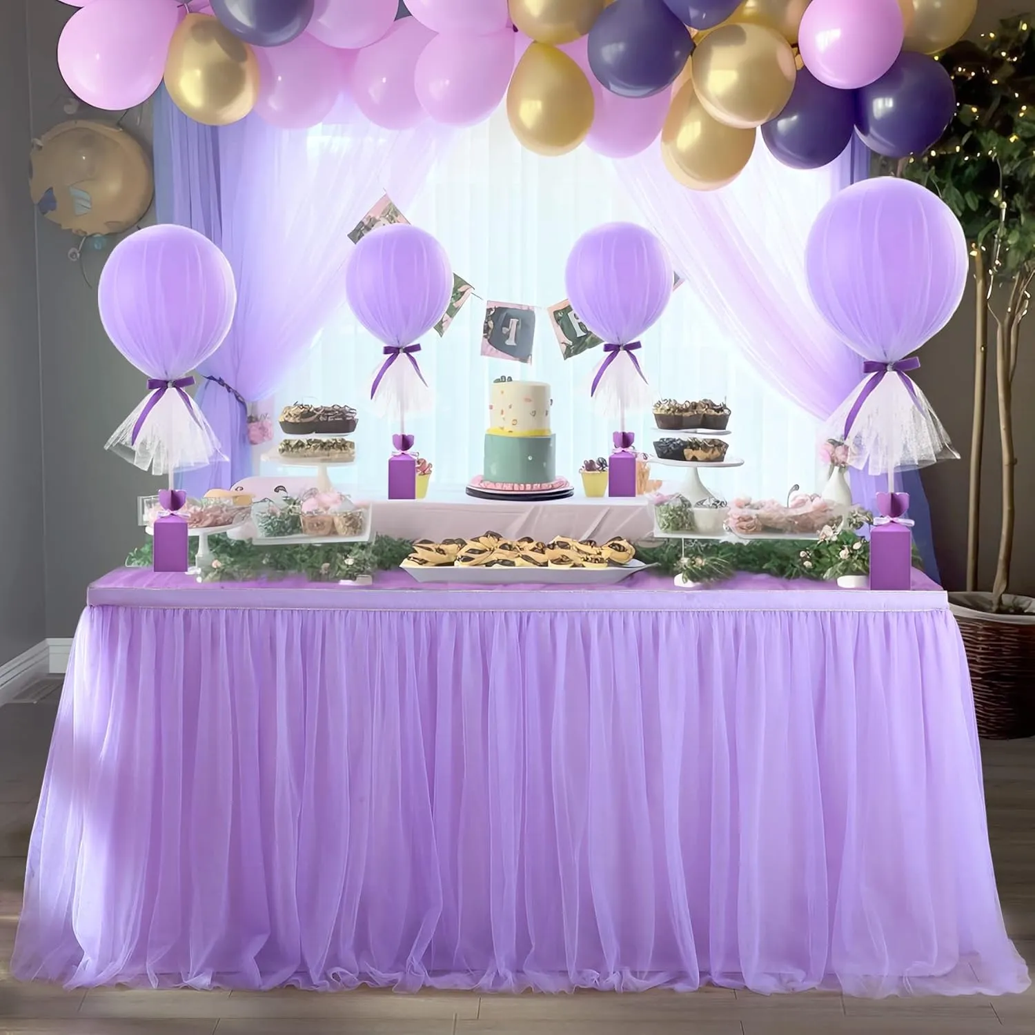 6ft Lavender Tulle Table Skirts for Rectangle Tables or Round Tables Lavender Ruffle Tutu Tablecloth for Girls Baby Shower Birthday Party Wedding Cake Dessert Table Decorations