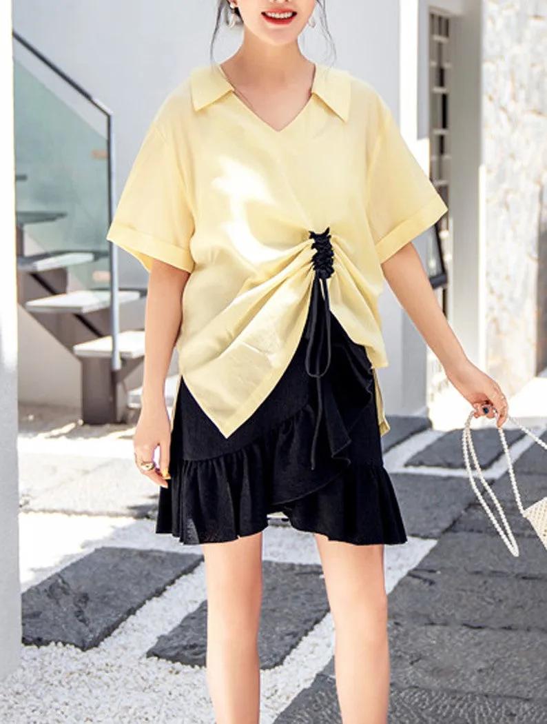 8GIRLS DESIGN RUFFLE LACE UP SIDE BLOUSE