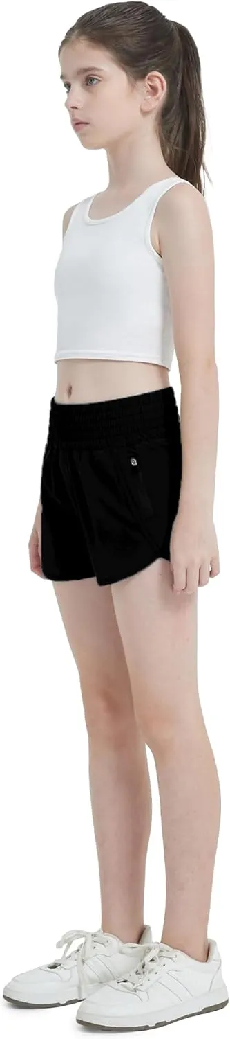 Aurefin Girls High Waisted Athletic Shorts, Teen Girls Running Shorts with Zip Pocket Workout Sports Shorts for Youth Kids