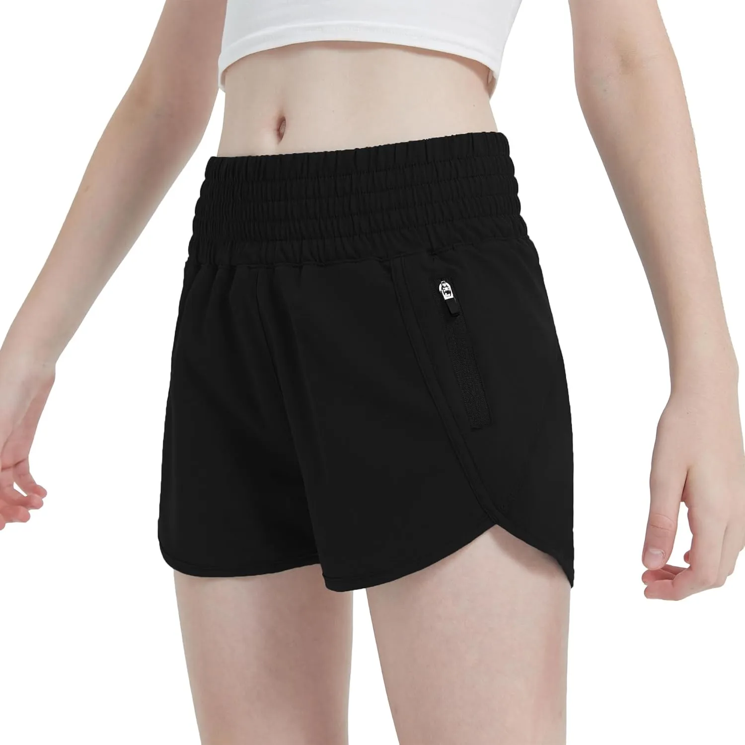 Aurefin Girls High Waisted Athletic Shorts, Teen Girls Running Shorts with Zip Pocket Workout Sports Shorts for Youth Kids