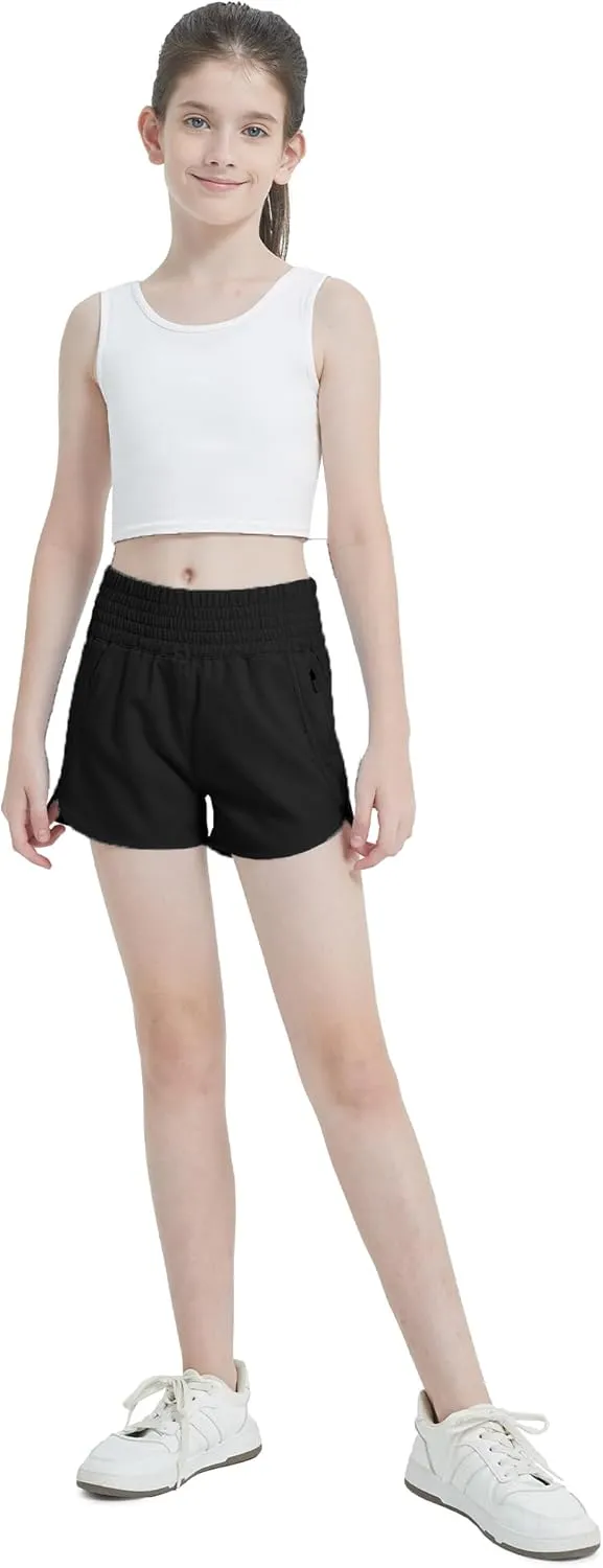 Aurefin Girls High Waisted Athletic Shorts, Teen Girls Running Shorts with Zip Pocket Workout Sports Shorts for Youth Kids