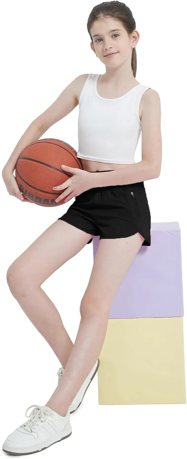 Aurefin Girls High Waisted Athletic Shorts, Teen Girls Running Shorts with Zip Pocket Workout Sports Shorts for Youth Kids