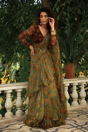 Bageecha sage green ruffle saree
