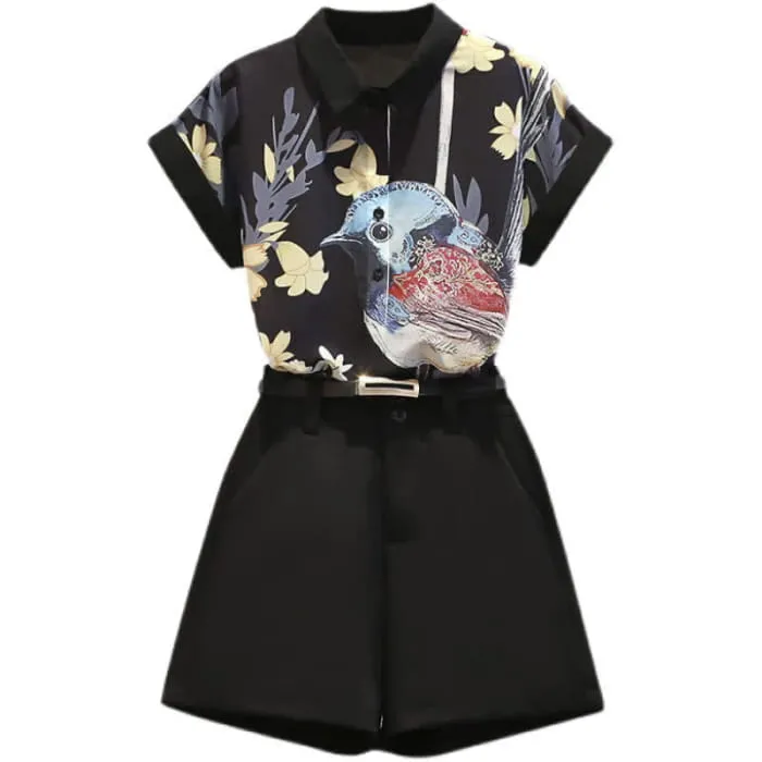 Bird Floral Print Chiffon T-Shirt Casual Shorts
