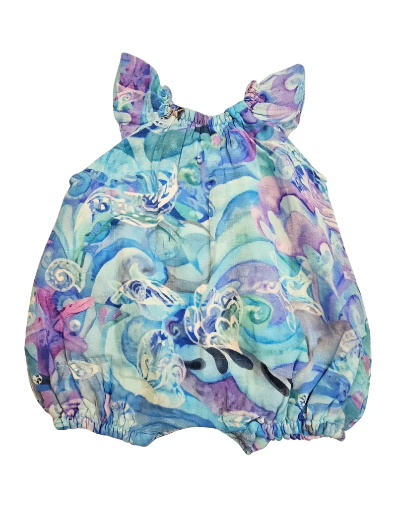 Bubble Romper -  Blue Lagoon - 100% Cotton / Guaze - Ruffle Sleeve - Elastic leg - Baby - BLULAG242