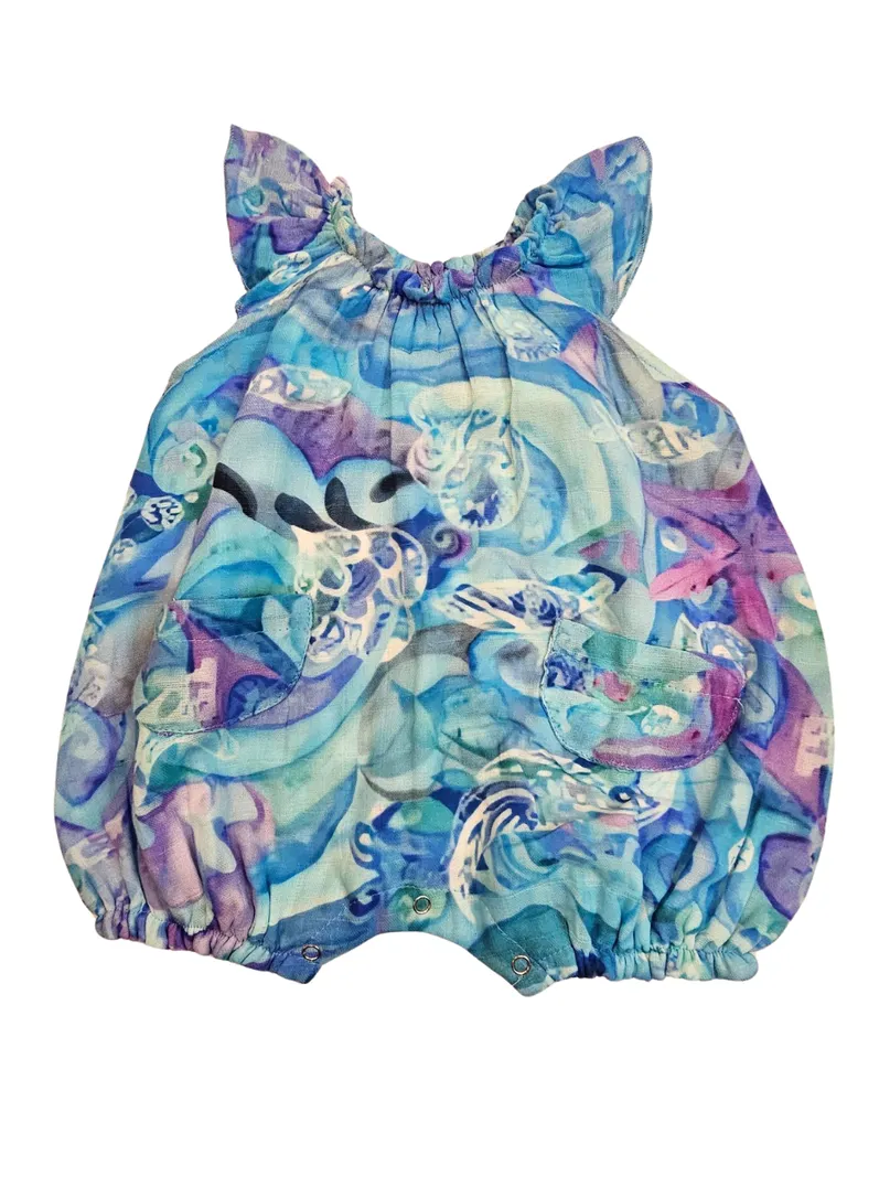 Bubble Romper -  Blue Lagoon - 100% Cotton / Guaze - Ruffle Sleeve - Elastic leg - Baby - BLULAG242