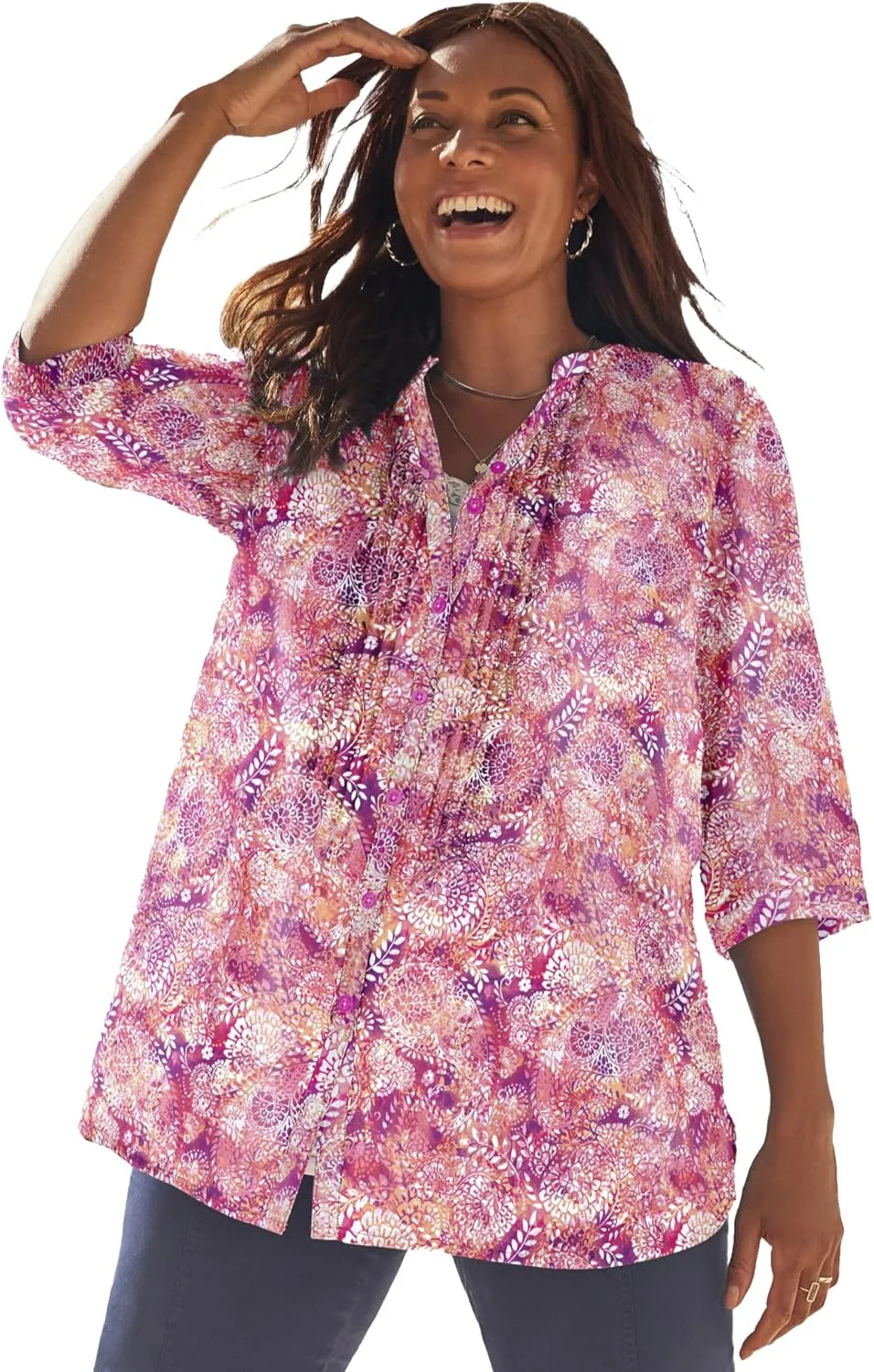 Catherines Women's Plus Size Petite Pintuck Buttonfront Blouse