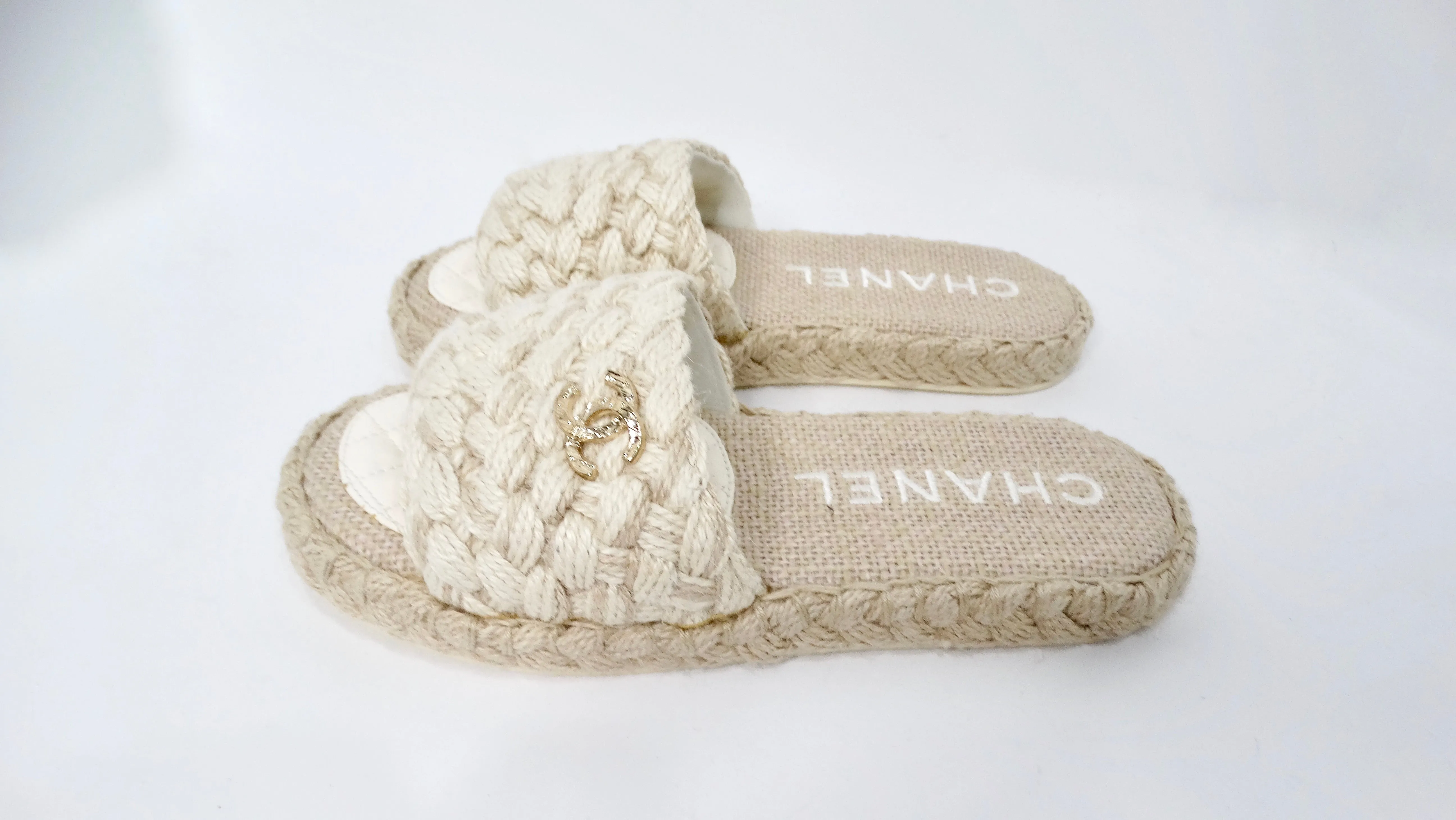 Chanel Beige Braided Cord Slide Sandals