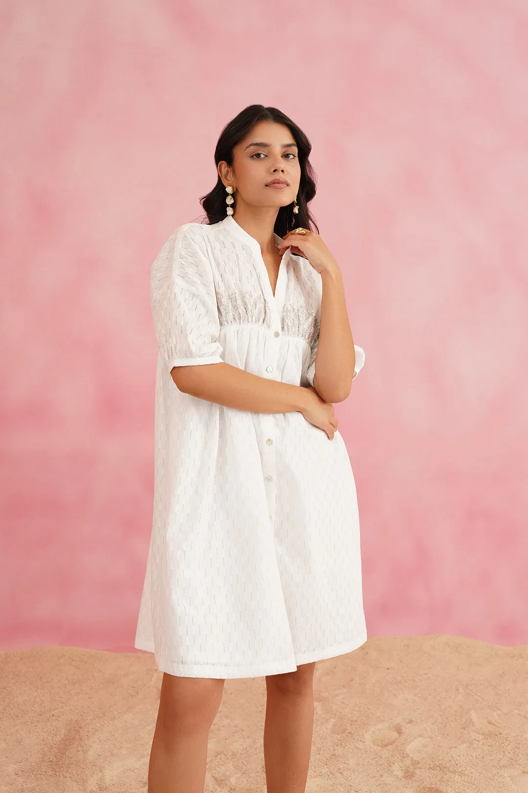 Cream Self Embroidered Dress