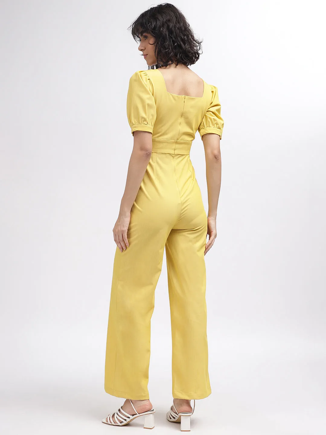 Elle Women Yellow Solid V-Neck Short Sleeves Jumpsuit