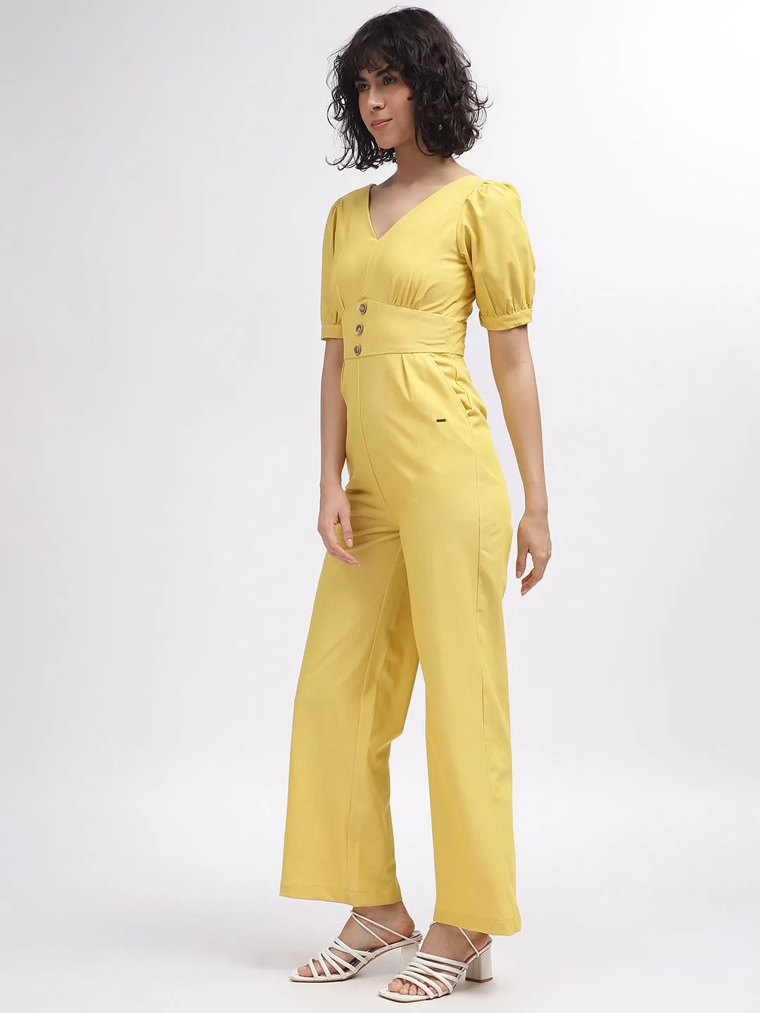 Elle Women Yellow Solid V-Neck Short Sleeves Jumpsuit