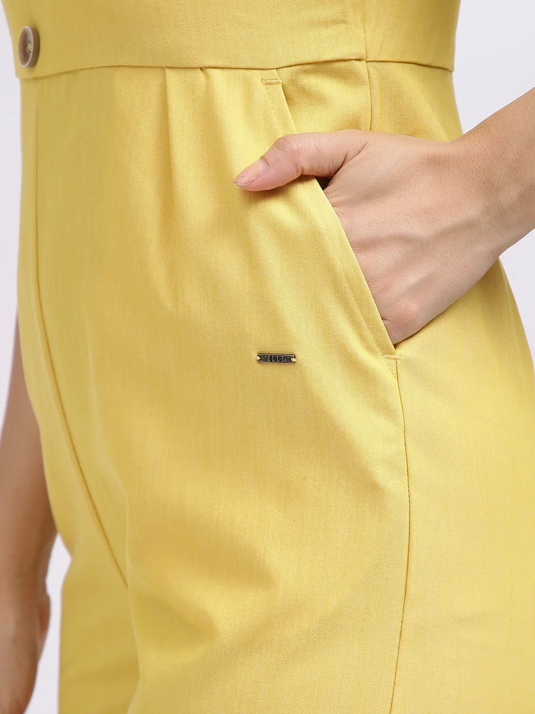 Elle Women Yellow Solid V-Neck Short Sleeves Jumpsuit