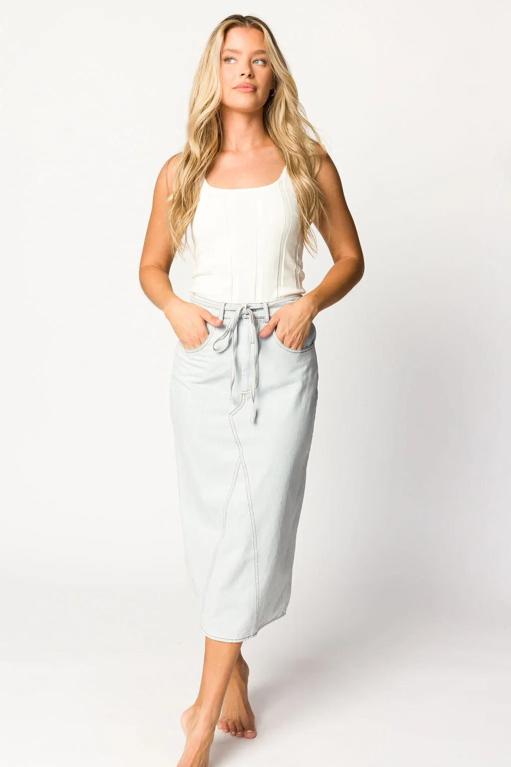 Ellie Light Washed Denim Midi Skirt in Light Denim