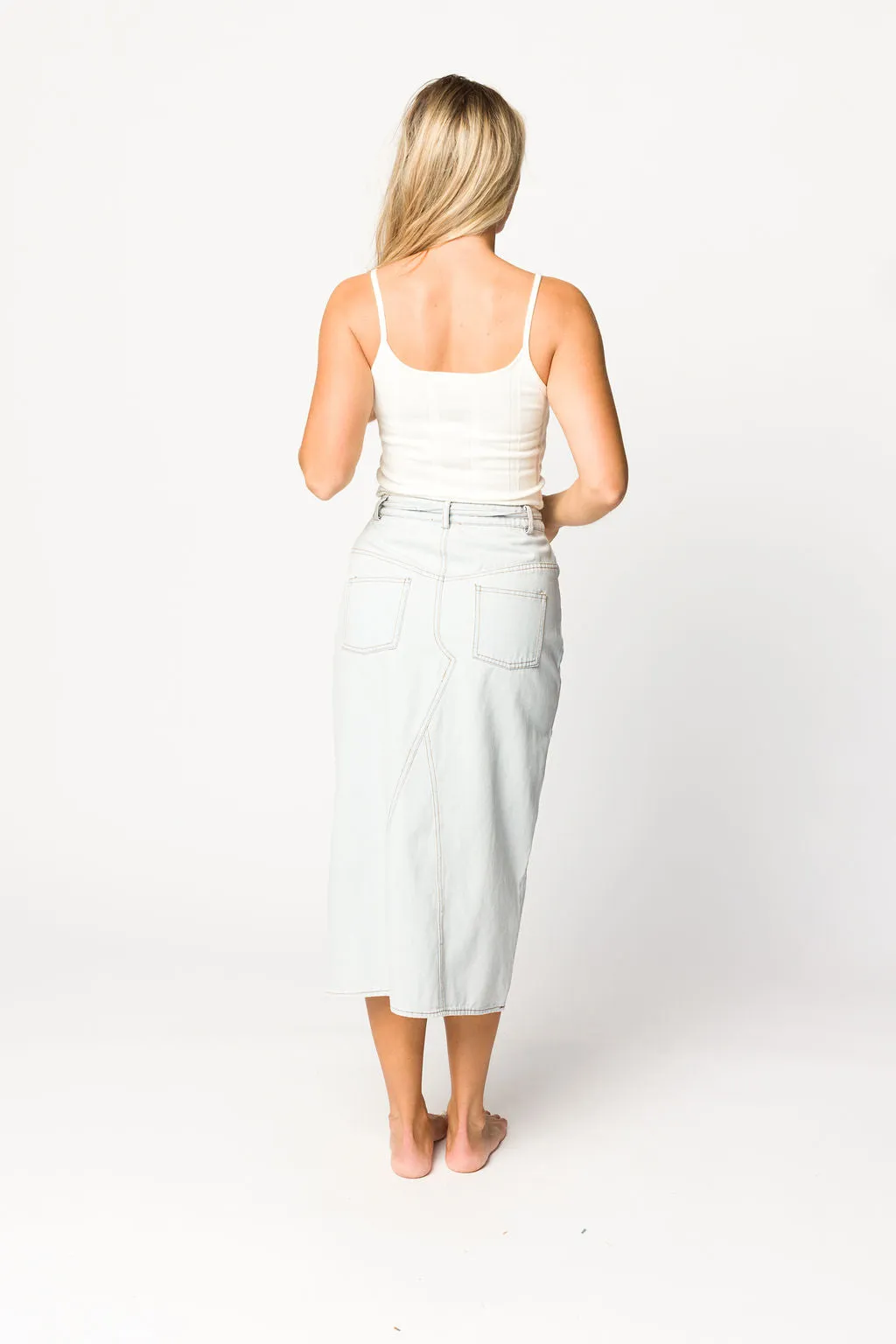 Ellie Light Washed Denim Midi Skirt in Light Denim