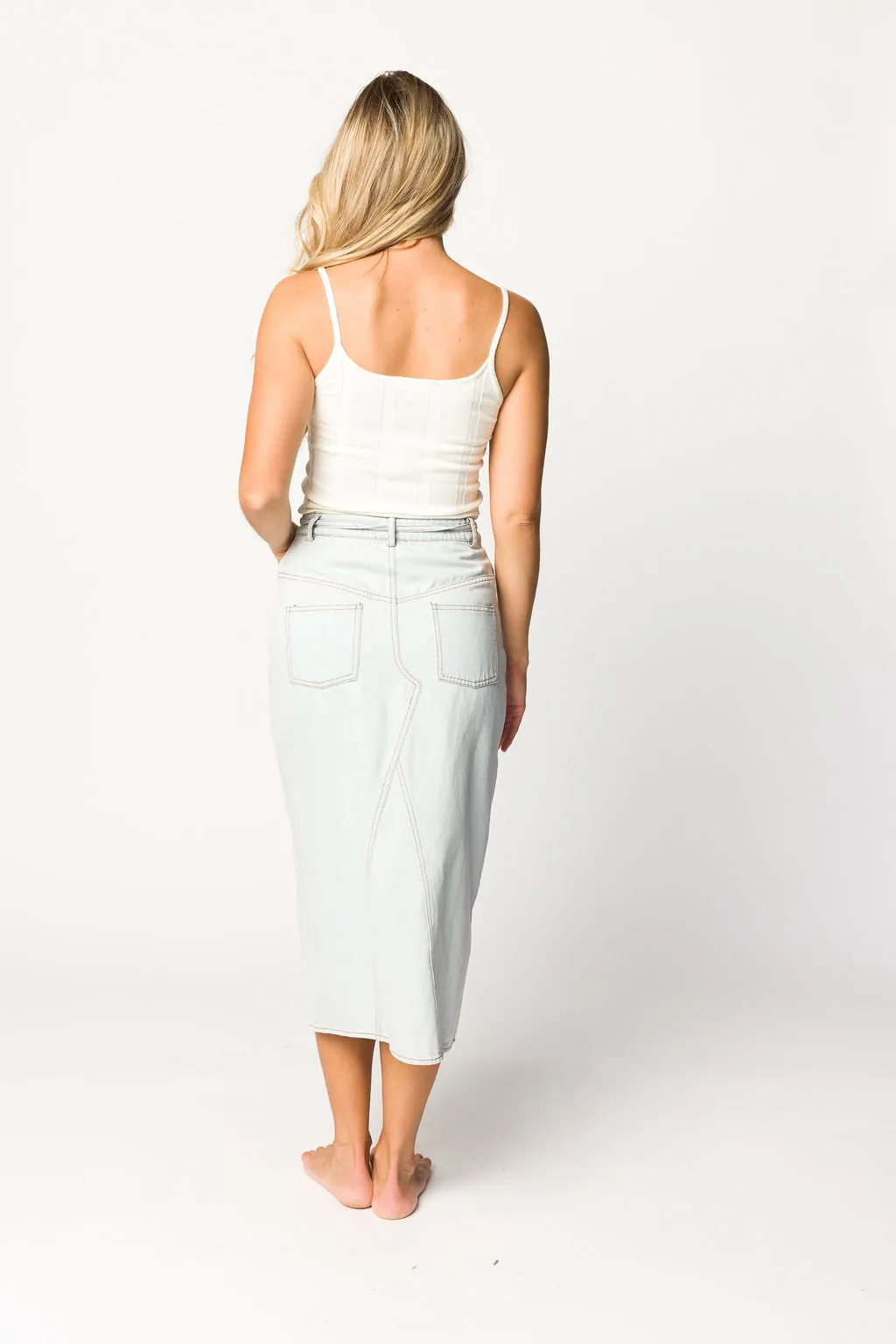 Ellie Light Washed Denim Midi Skirt in Light Denim