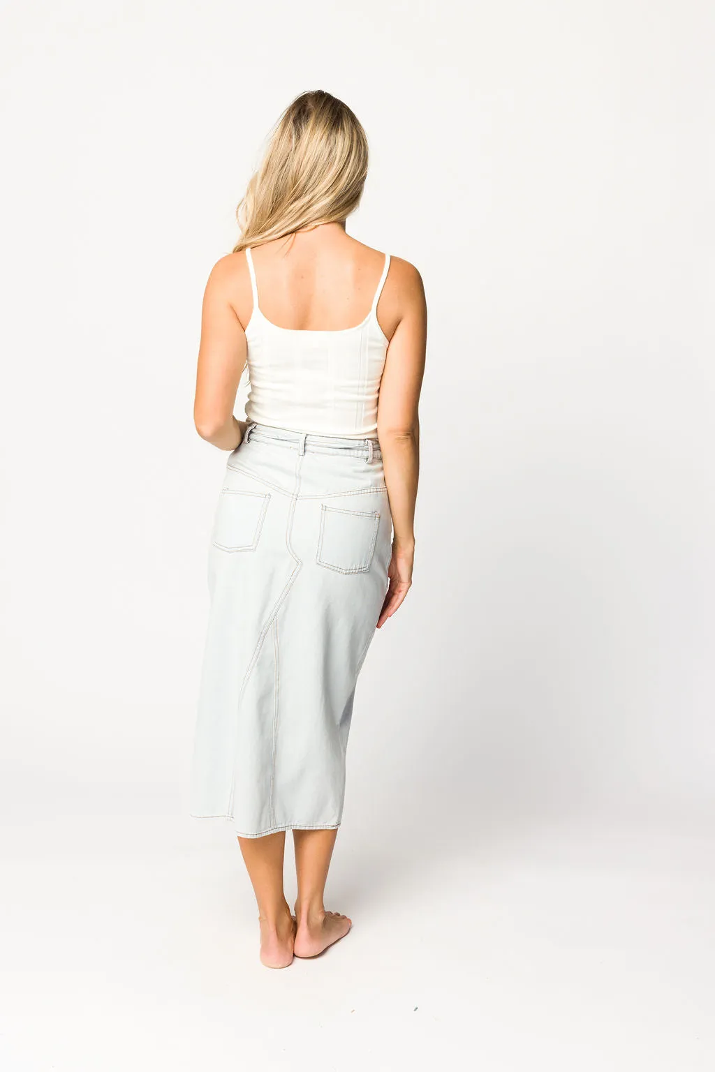 Ellie Light Washed Denim Midi Skirt in Light Denim