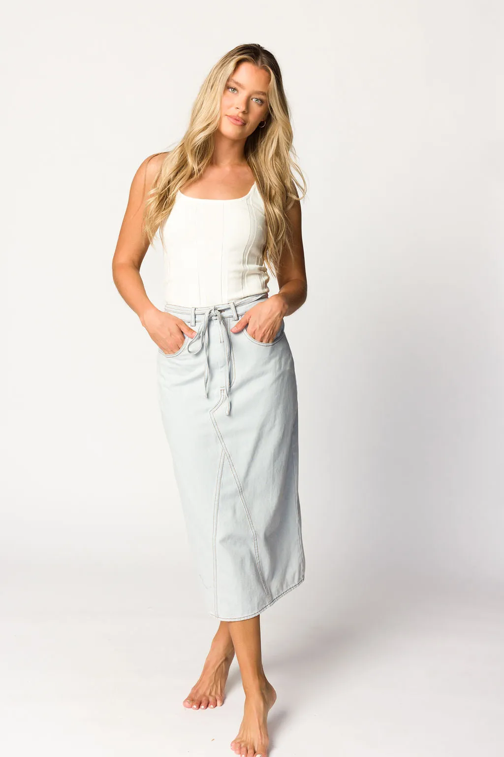 Ellie Light Washed Denim Midi Skirt in Light Denim