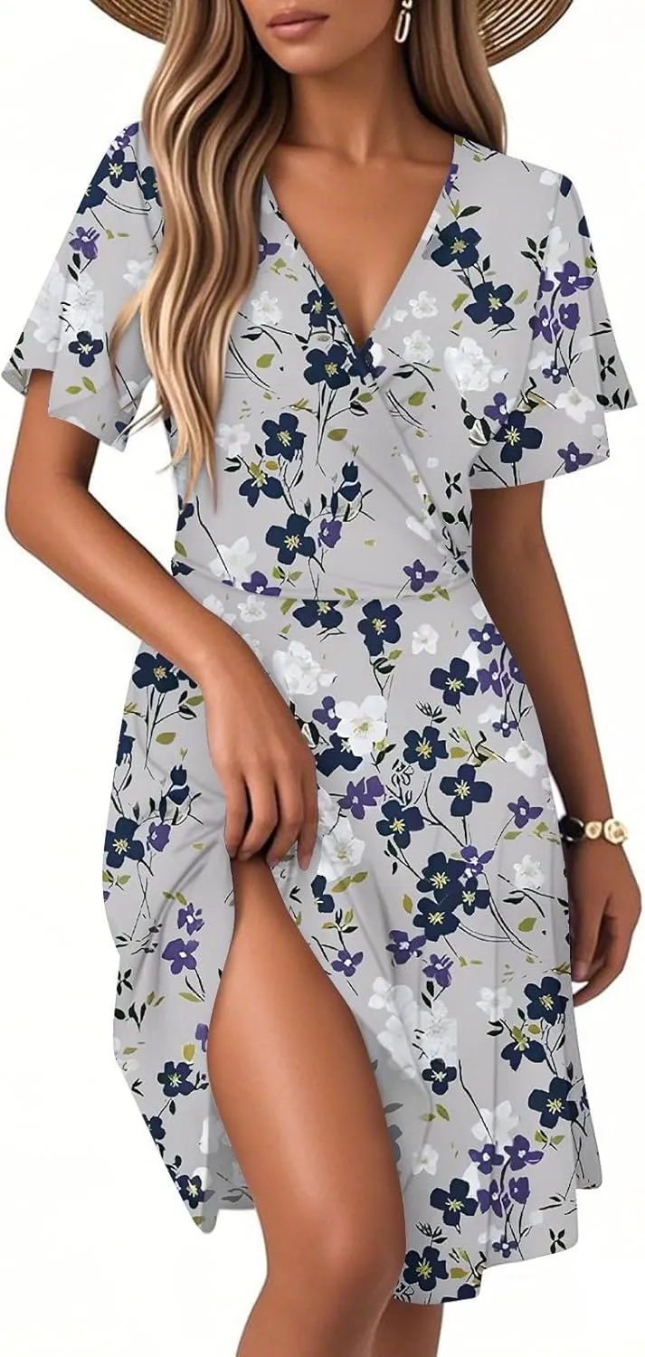 Floral Dress for Women Sexy Wrap V Neck Ruffle Sleeve Empire Waist Bodycon Pleated Dress Knee Length