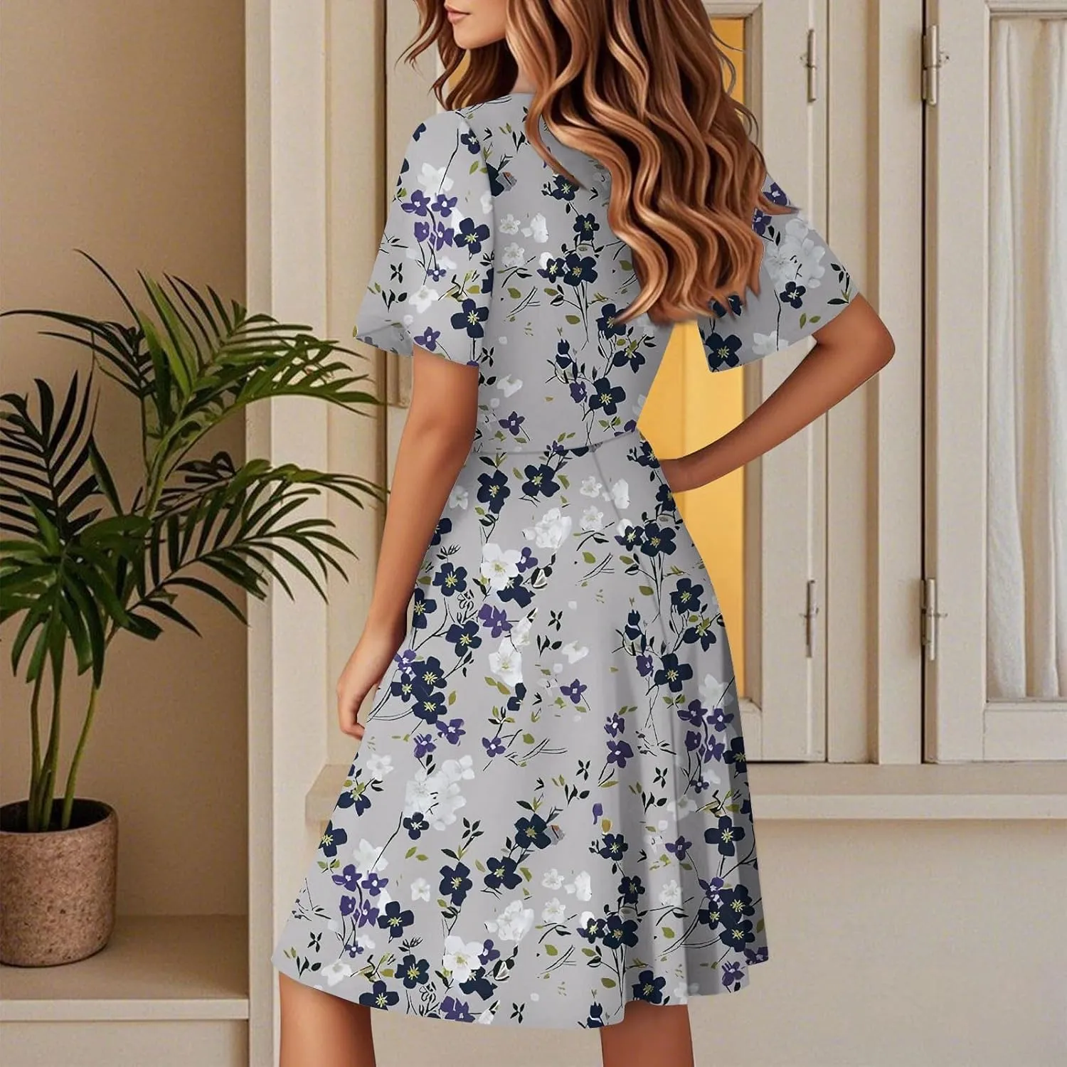 Floral Dress for Women Sexy Wrap V Neck Ruffle Sleeve Empire Waist Bodycon Pleated Dress Knee Length