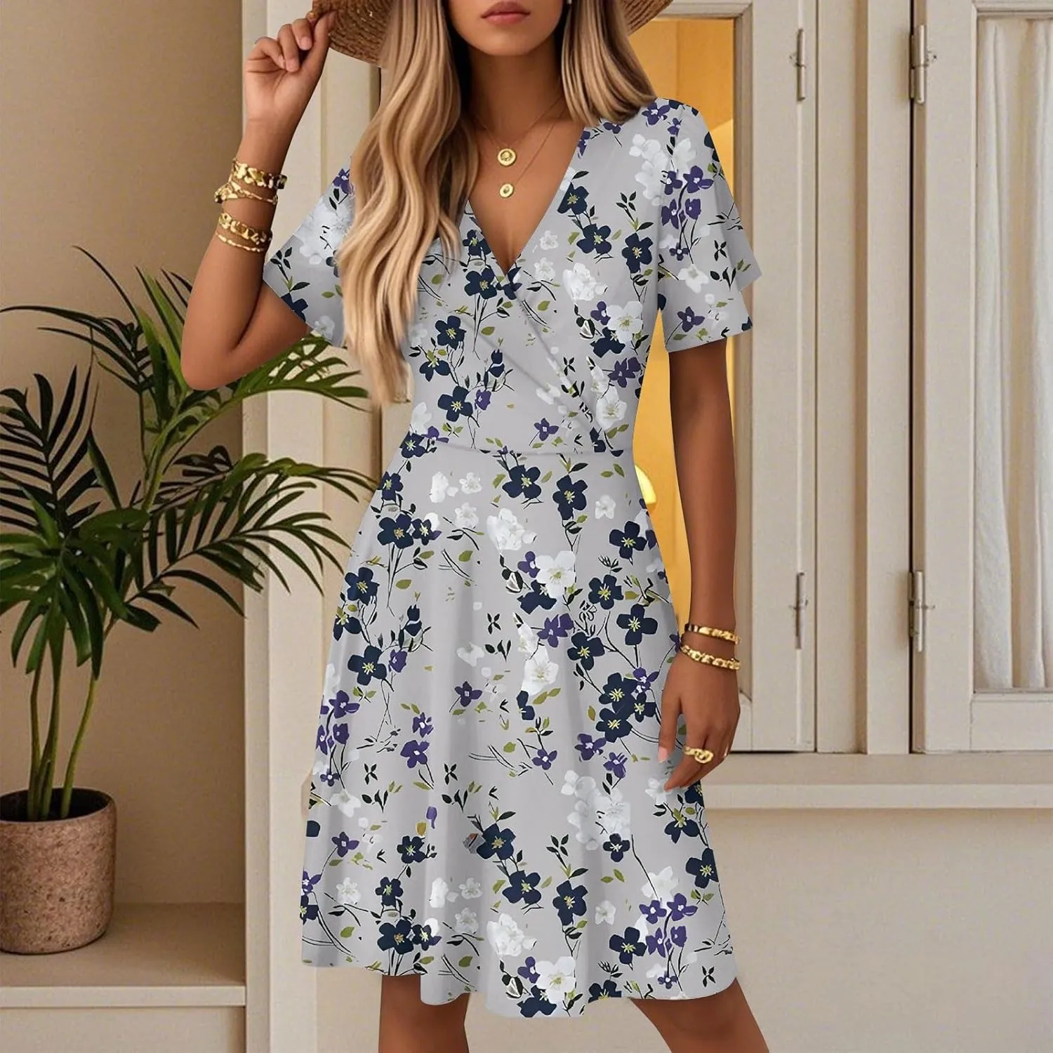 Floral Dress for Women Sexy Wrap V Neck Ruffle Sleeve Empire Waist Bodycon Pleated Dress Knee Length