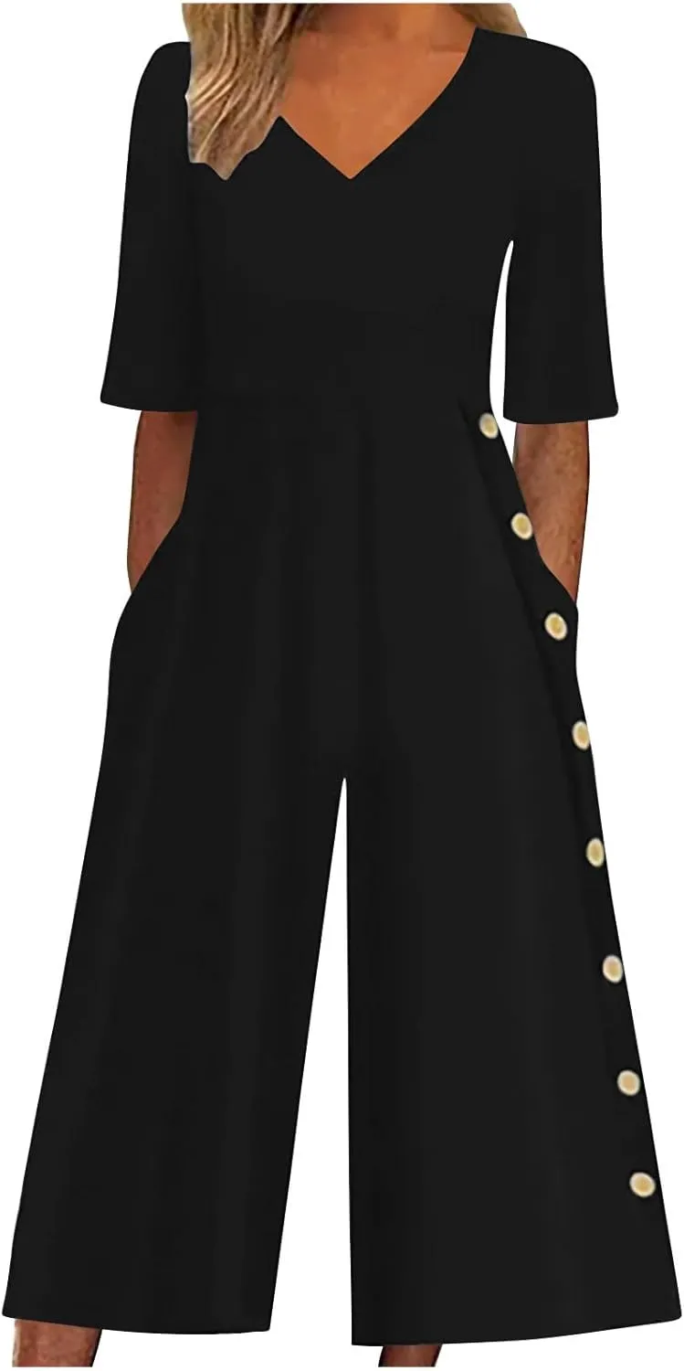 HGps8w Wide Leg Jumpsuits for Women Dressy Casual Half Sleeve V Neck Romper with Pockets Loose One Piece Outfits
