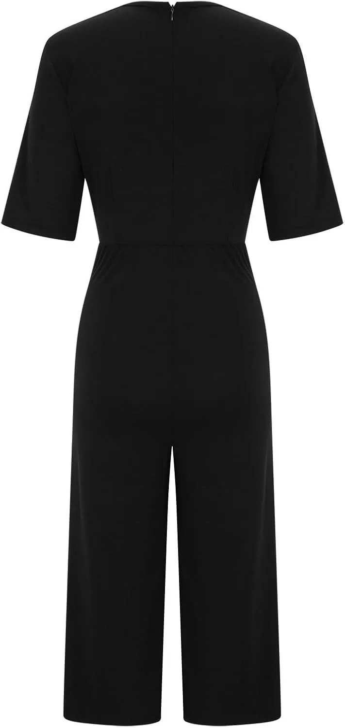 HGps8w Wide Leg Jumpsuits for Women Dressy Casual Half Sleeve V Neck Romper with Pockets Loose One Piece Outfits