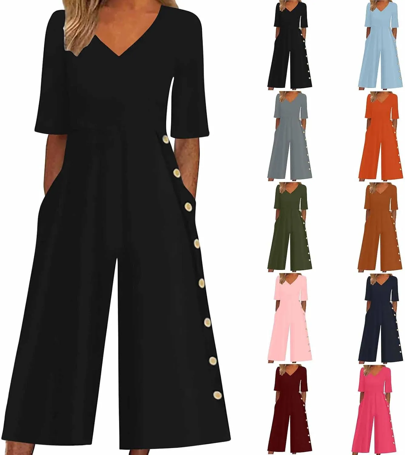 HGps8w Wide Leg Jumpsuits for Women Dressy Casual Half Sleeve V Neck Romper with Pockets Loose One Piece Outfits