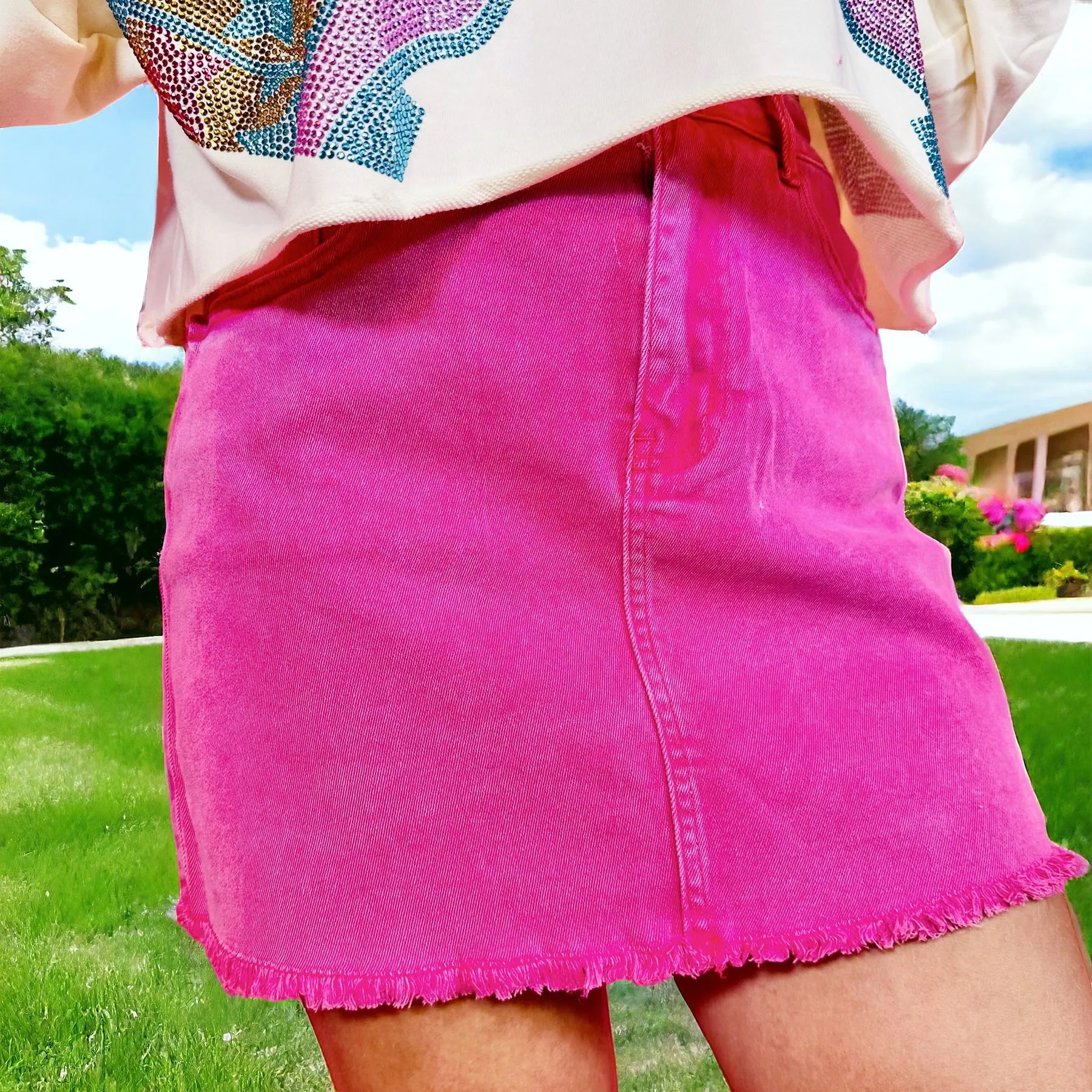 Hot Pink Acid Wash Frayed Skirt