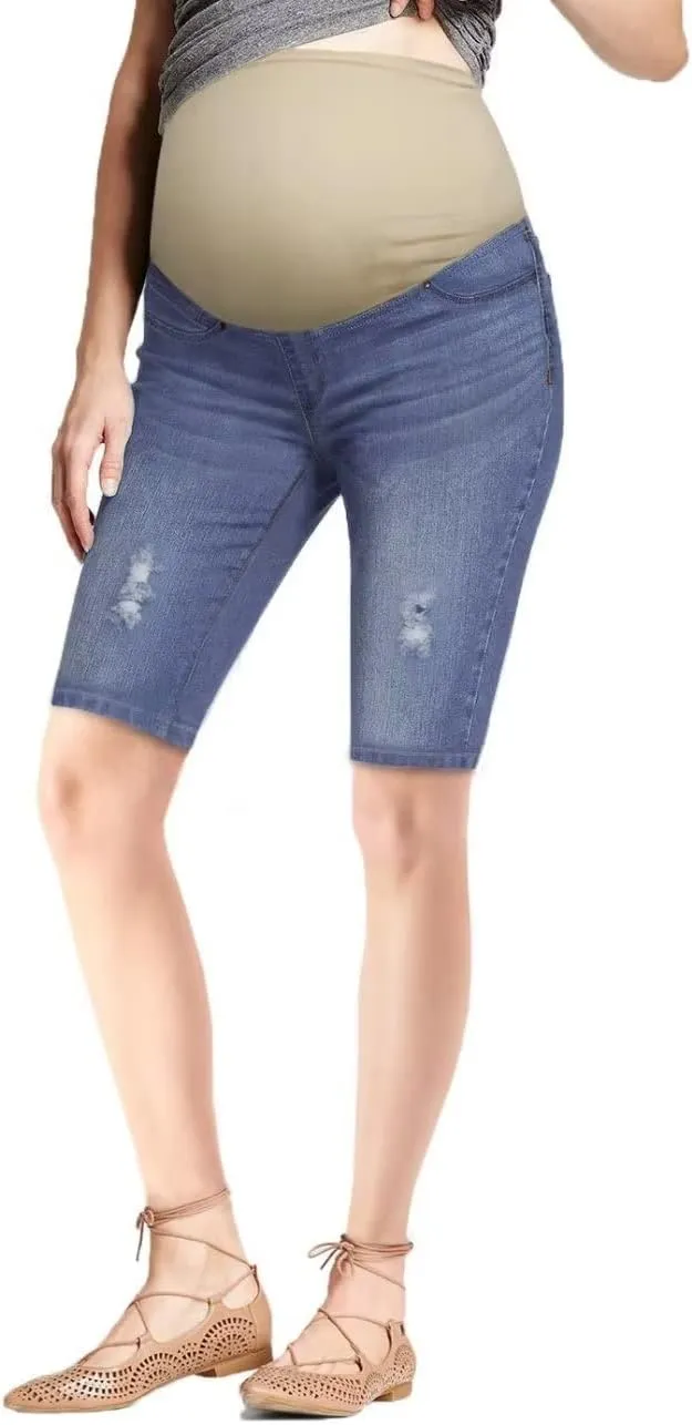 Hybrid & Company Women's Maternity Denim Shorts Over The Belly Comfy Skinny Bermuda Jeans