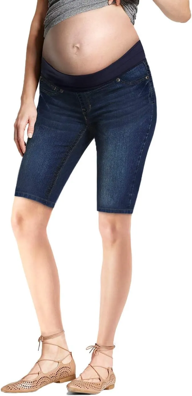 Hybrid & Company Women's Maternity Denim Shorts Over The Belly Comfy Skinny Bermuda Jeans