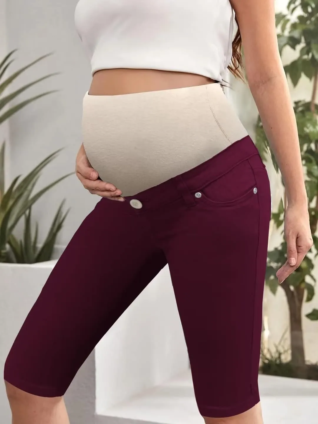 Hybrid & Company Women's Maternity Denim Shorts Over The Belly Comfy Skinny Bermuda Jeans