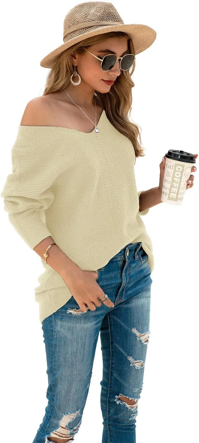 Iandroiy Women's Batwing Sleeve Off Shoulder Loose Oversized Baggy Tops Sweater Pullover Casual Blouse T-Shirt