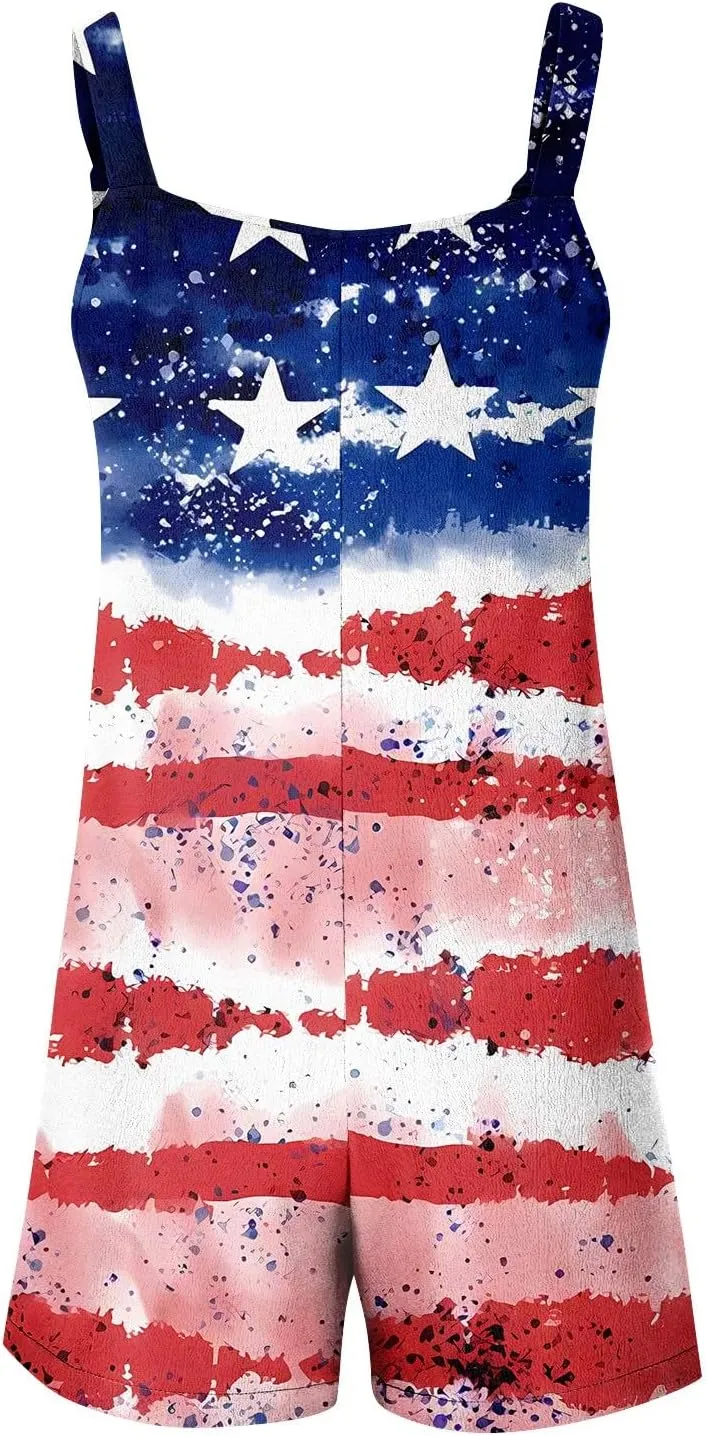 Independence Day Overalls for Women Flag Printed Rompers for Women 2025 Short Jumpsuit 4th of July Overalls