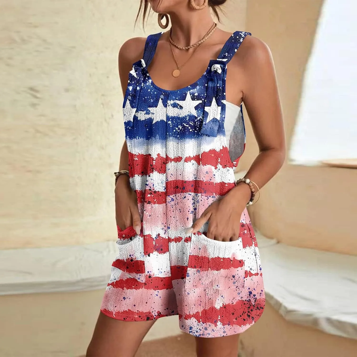 Independence Day Overalls for Women Flag Printed Rompers for Women 2025 Short Jumpsuit 4th of July Overalls