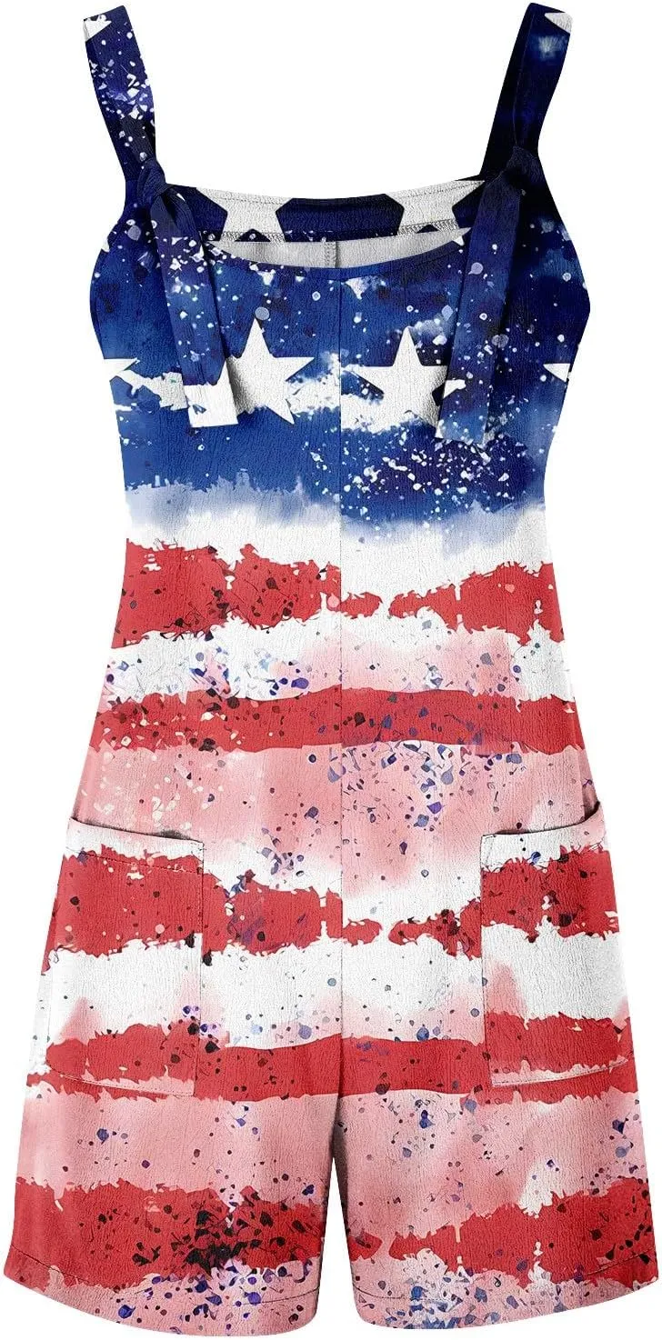 Independence Day Overalls for Women Flag Printed Rompers for Women 2025 Short Jumpsuit 4th of July Overalls