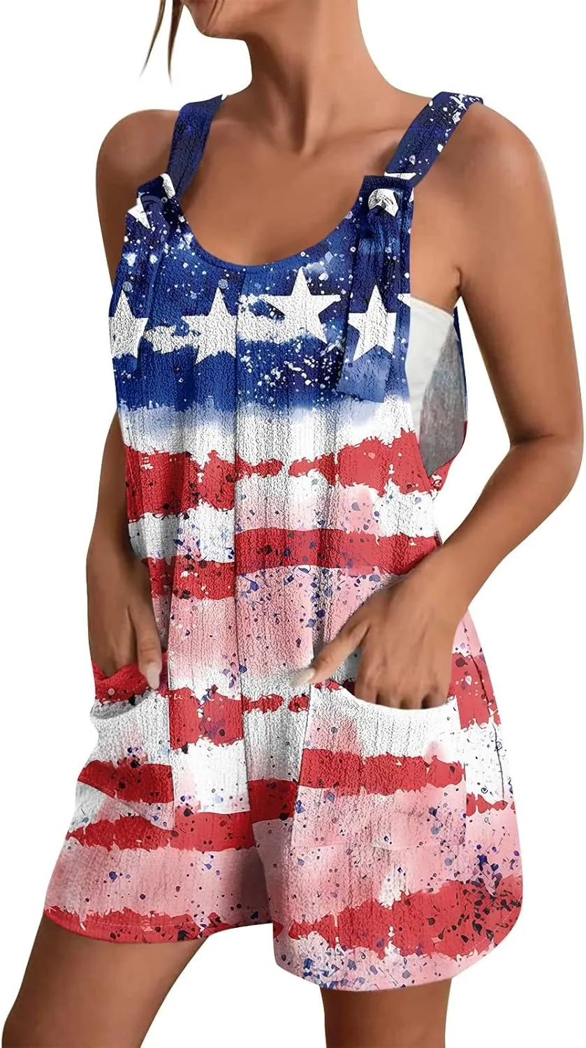 Independence Day Overalls for Women Flag Printed Rompers for Women 2025 Short Jumpsuit 4th of July Overalls