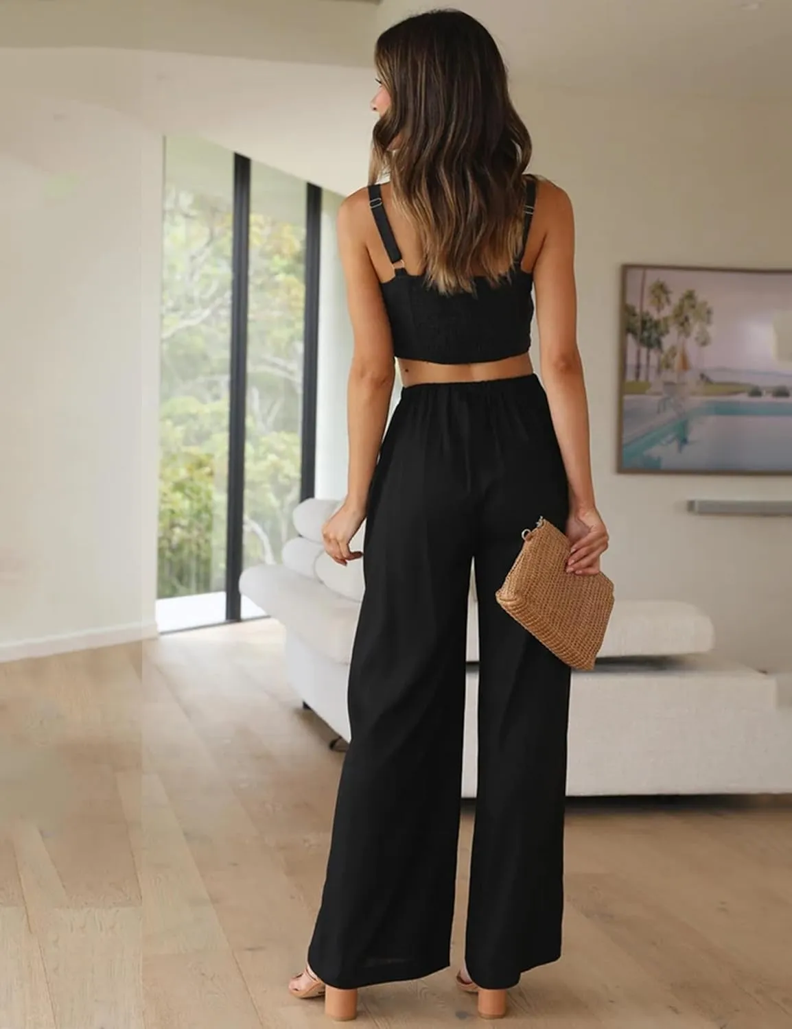 Kiench Women Linen Palazzo Pants Wide Leg Summer Casual Flowy Pants with Pockets