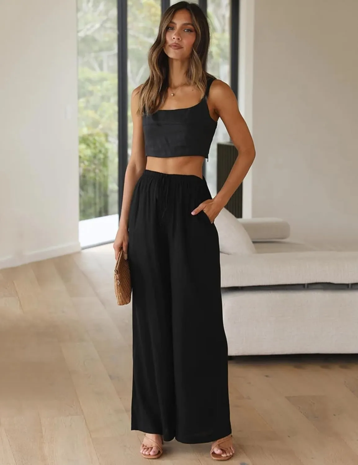 Kiench Women Linen Palazzo Pants Wide Leg Summer Casual Flowy Pants with Pockets