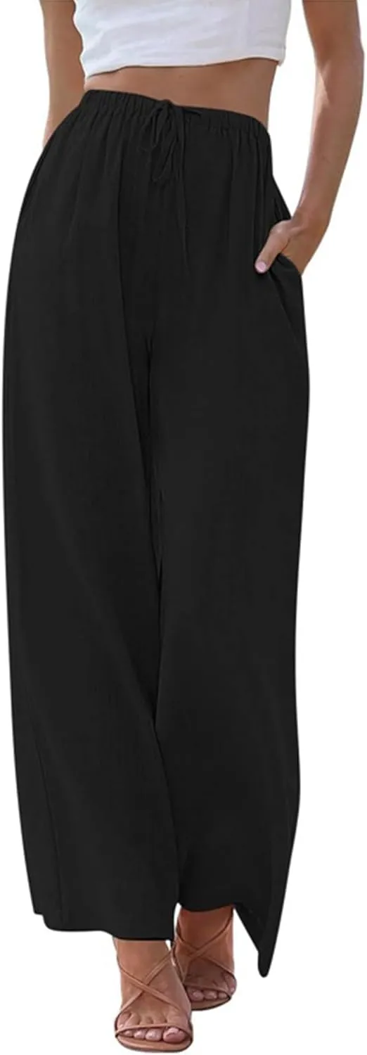 Kiench Women Linen Palazzo Pants Wide Leg Summer Casual Flowy Pants with Pockets