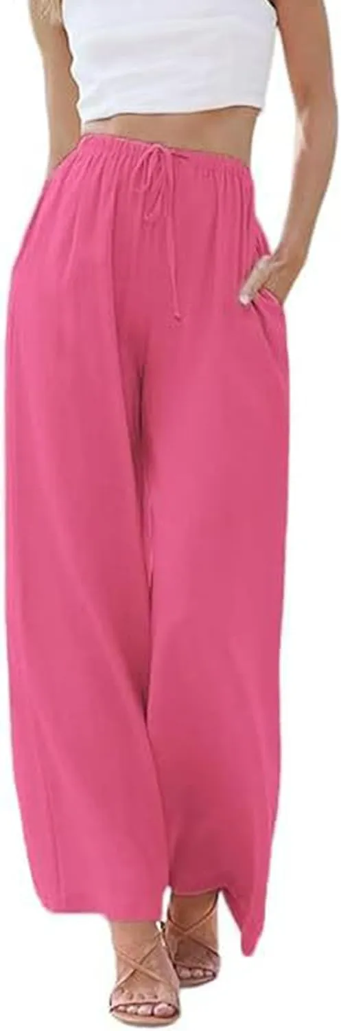 Kiench Women Linen Palazzo Pants Wide Leg Summer Casual Flowy Pants with Pockets