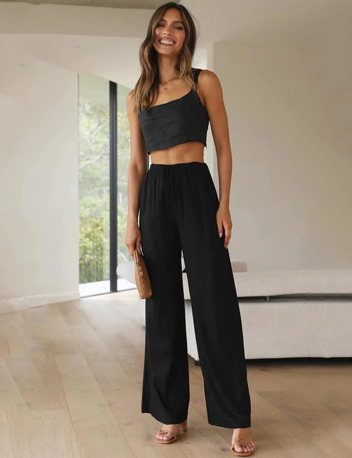 Kiench Women Linen Palazzo Pants Wide Leg Summer Casual Flowy Pants with Pockets