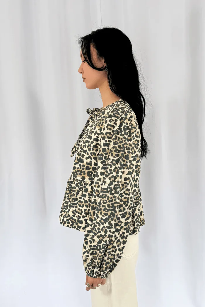Leopard Poplin Bow Tie Blouse