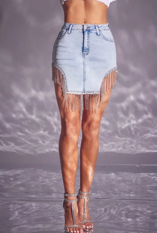 Light Wash Rhinestone Mini Skirt