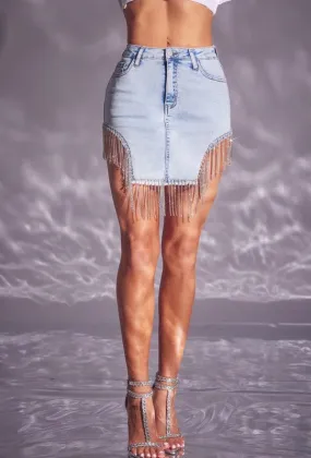 Light Wash Rhinestone Mini Skirt