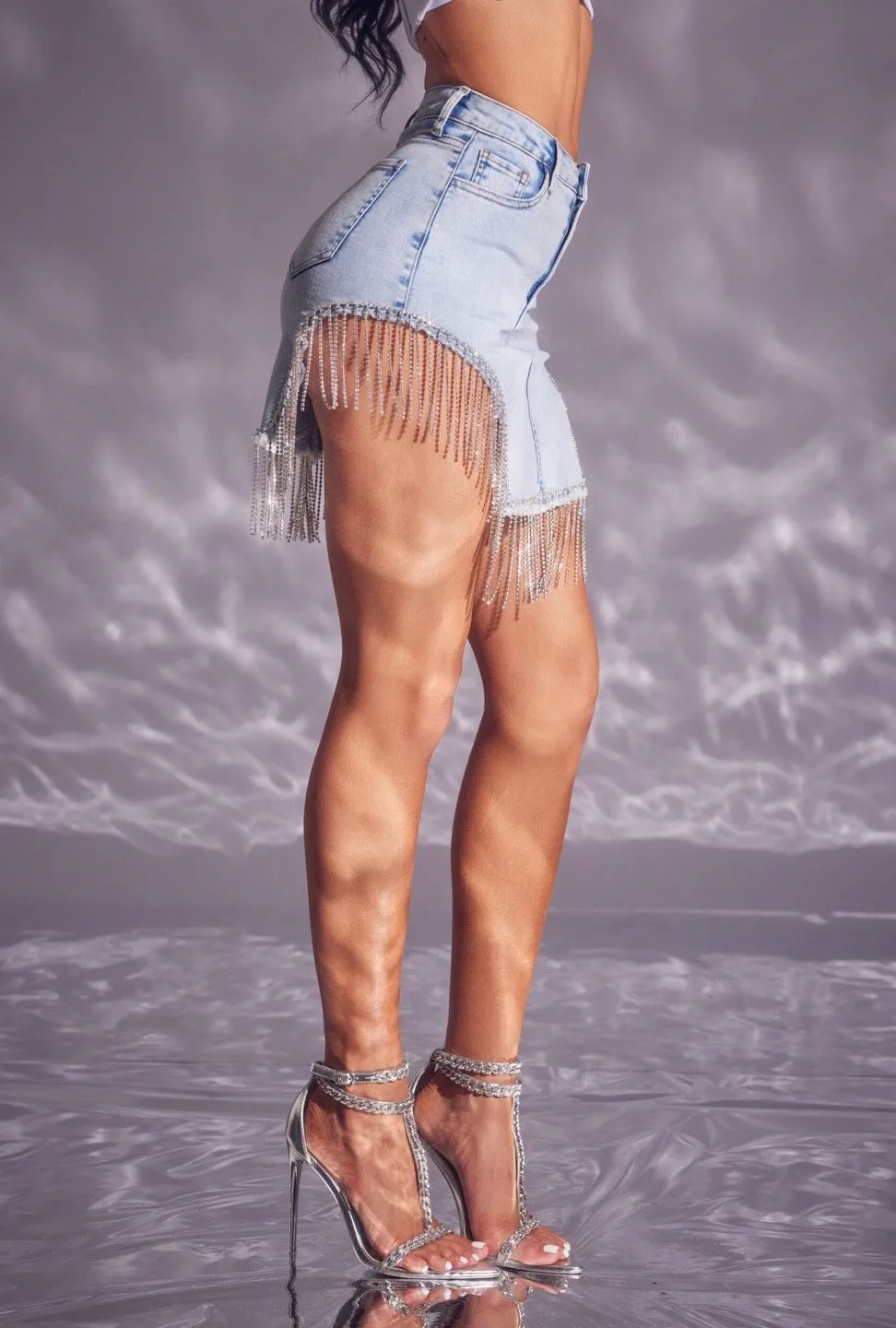 Light Wash Rhinestone Mini Skirt